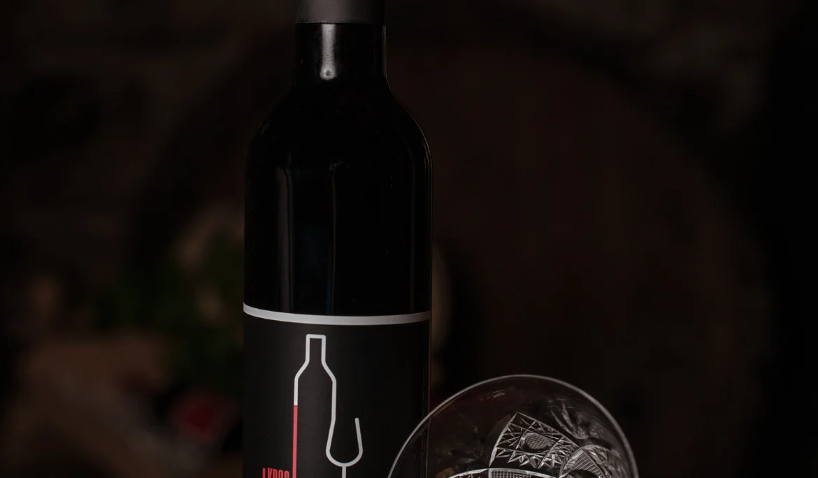 Elegantna temna produktna fotografija steklenice vina DOMJO ob kristalnem kozarcu.