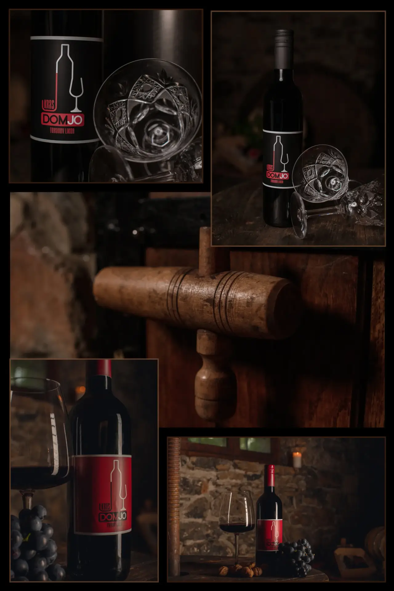 Kolaž fotografij iz vinske kleti, z osrednjim motivom lesenega soda in pipe ter detajli steklenice vina DOMJO.