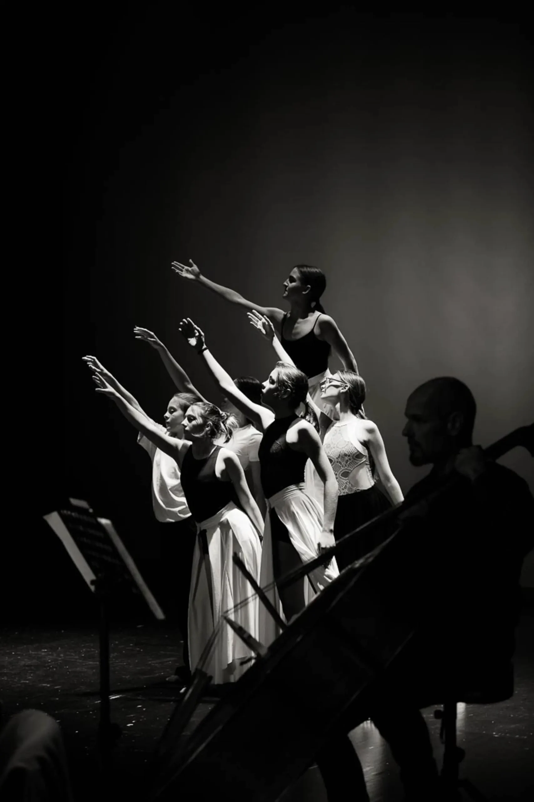 Črno-bela fotografija plesalcev z dvignjenimi rokami med umetniškim nastopom na koncertu Inmusic.