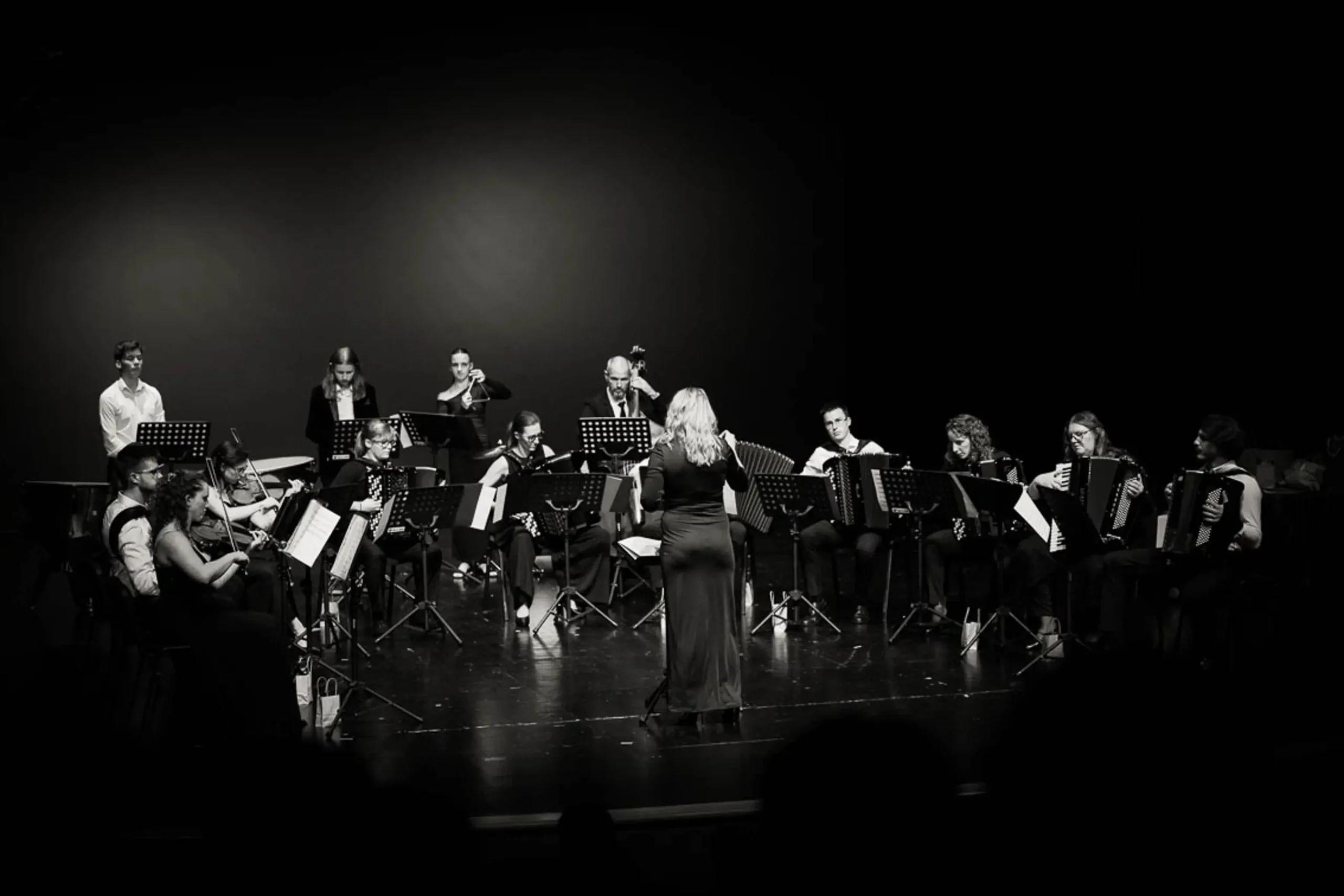 Pogled s hrbta na dirigentko, ki vodi orkester harmonikarjev med koncertom.